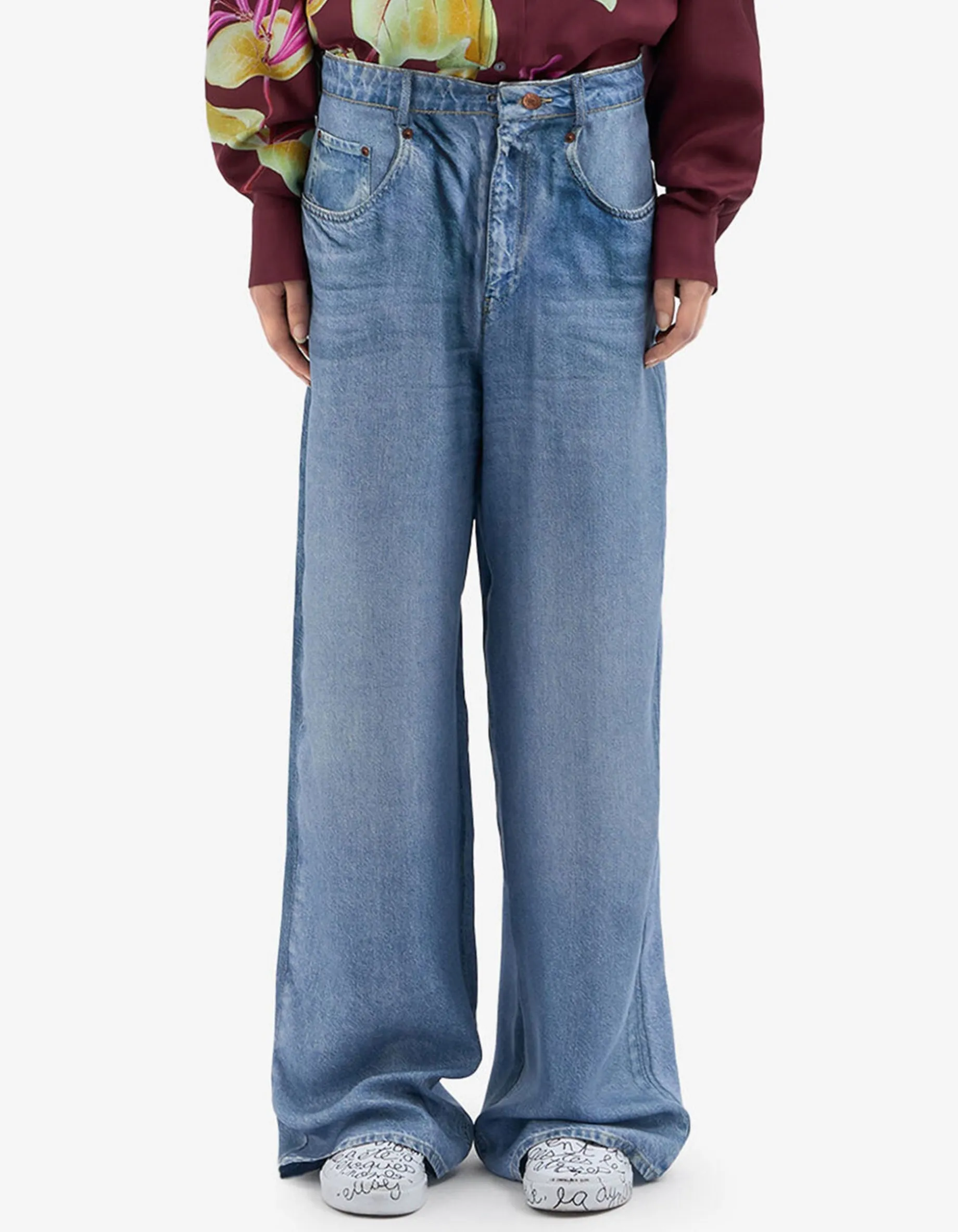 Bedruckte Wide-Leg Seiden-Hose im Denim-Design