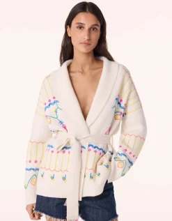 Bestickter Kaschmir-Cardigan mit Bindegürtel