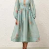 Besticktes Leinen-Seiden-Mix Kleid Illuminate Drawn Billow