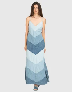 Denim-Neckholder Kleid Tallow m Patchwork-Design mit Schnürung