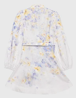 Florales Leinen-Kleid Crush mit Gürtel und dekorativen Knöpfen