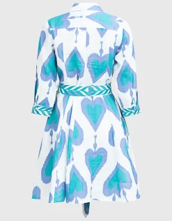 Gemustertes Leinen-Kleid Pear Ikat Petrol mit Bindegürtel