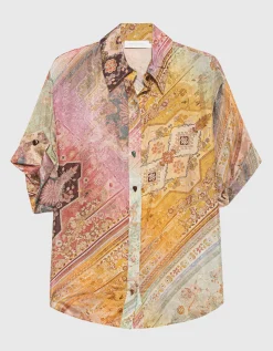 Kurzarm-Seidenbluse Tallow mit Zierknöpfen