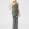 Langes One-Shoulder-Kleid aus Slub-Strick mit Pailletten