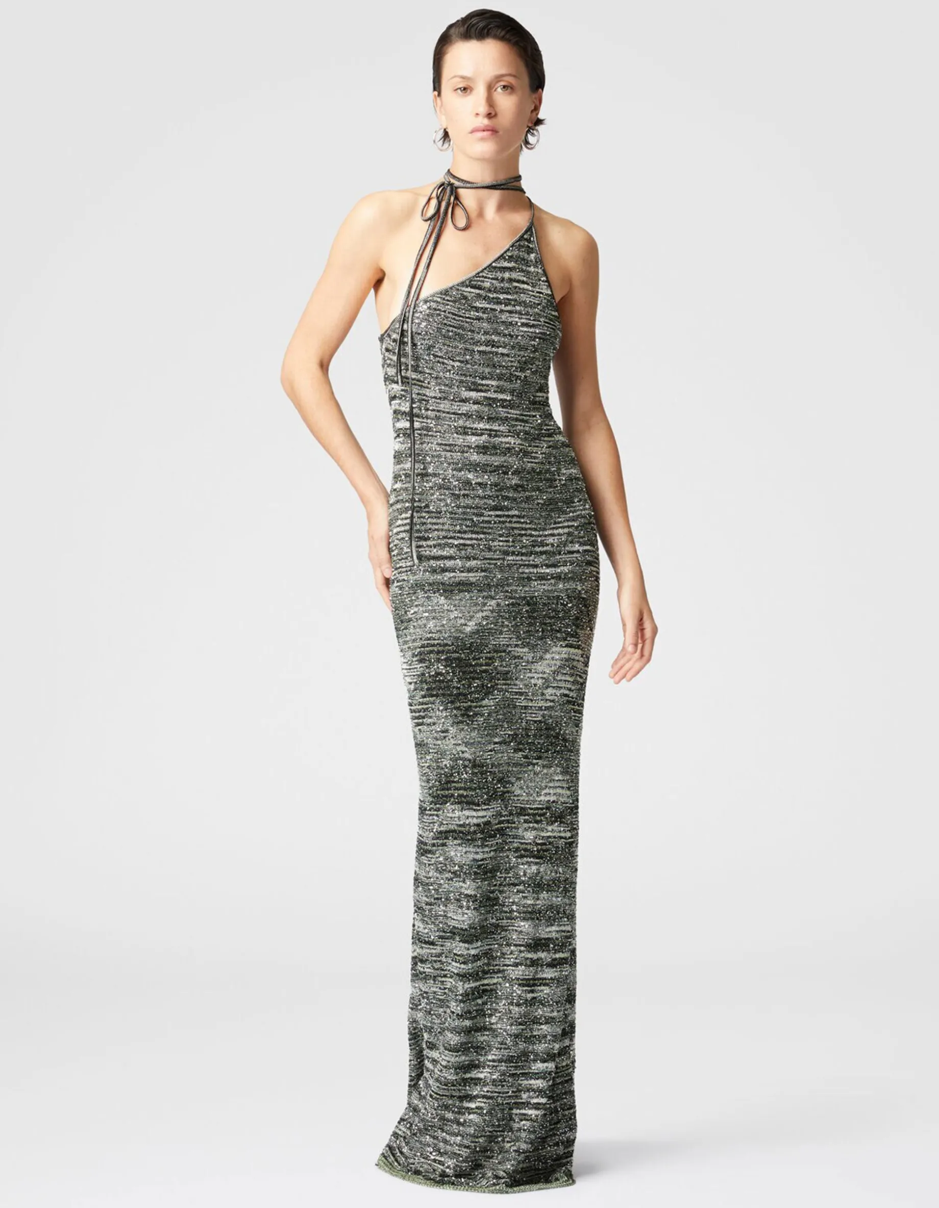 Langes One-Shoulder-Kleid aus Slub-Strick mit Pailletten