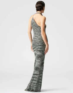 Langes One-Shoulder-Kleid aus Slub-Strick mit Pailletten