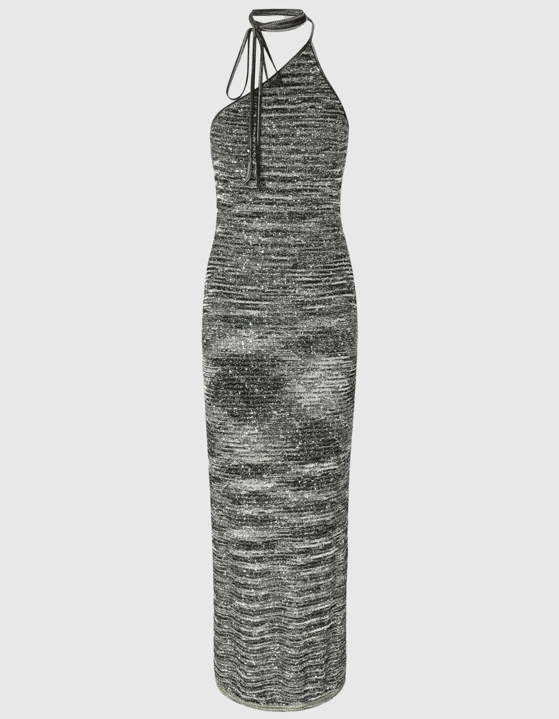 Langes One-Shoulder-Kleid aus Slub-Strick mit Pailletten