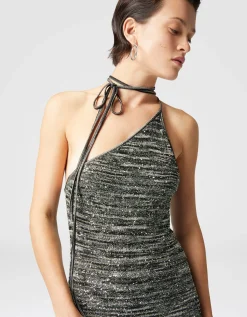 Langes One-Shoulder-Kleid aus Slub-Strick mit Pailletten