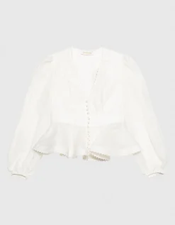Leinen-Seiden-Mix Peplum-Bluse Dawning mit Perlen-Verzierung
