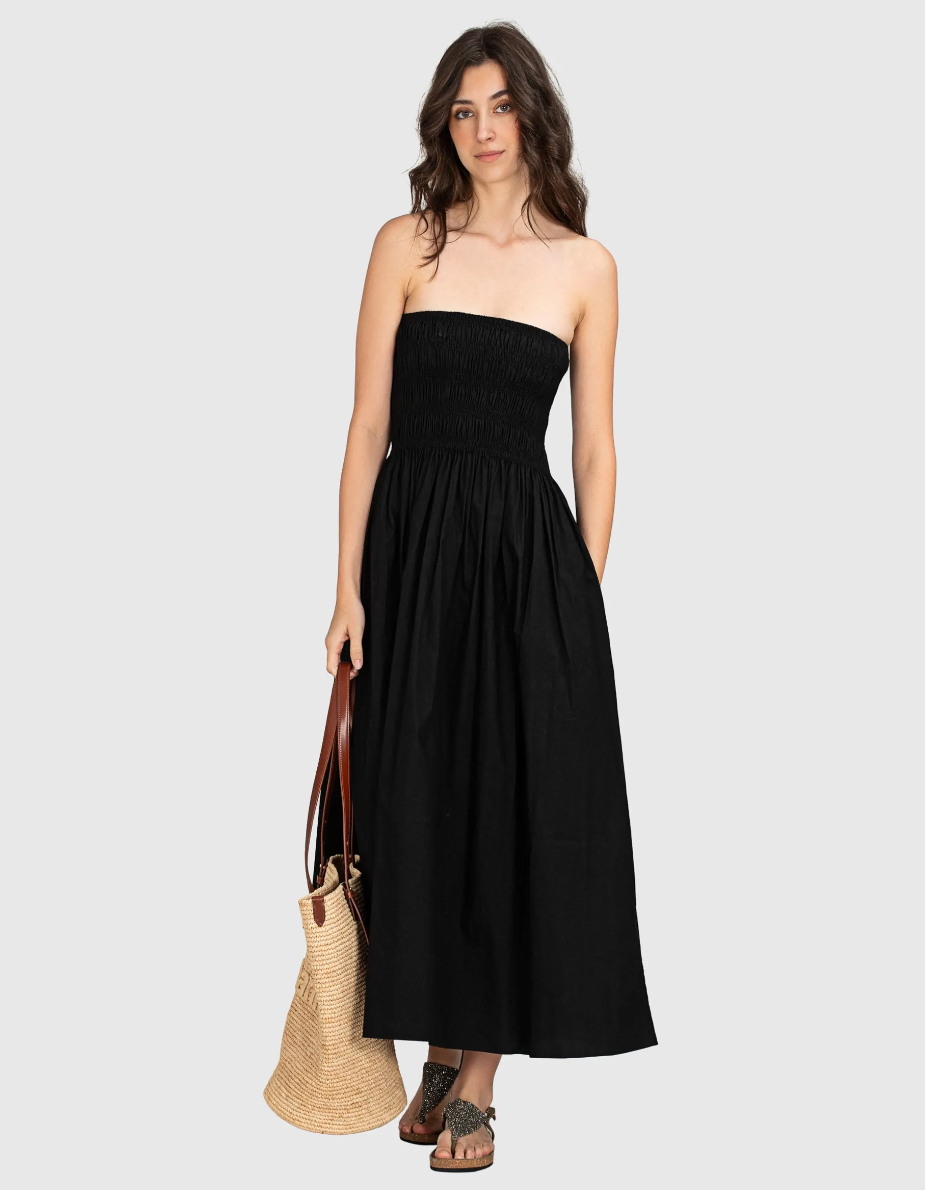 Midi-Bandeau-Popeline Kleid