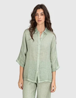 Oversize Leinen-Kurzarm-Bluse