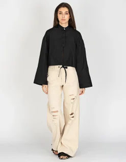 Oversize-Material Mix Crop Bluse mit dekorativem Knopf und Binde-Detail